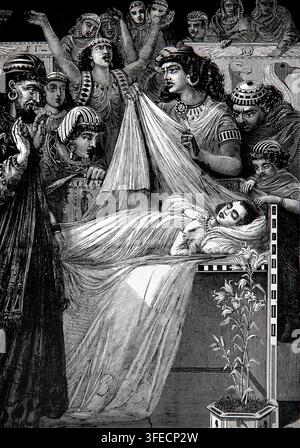 Radierung von Der Tod der Erstgeborenen des Pharaos (Zehntes Gebot) aus dem antiken Alten Testament Bildbuch der Gesellschaft zur Förderung des Christentums Stockfoto