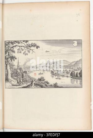 Ein Druck aus dem 17. Jahrhundert von Thun, einer Stadt am Thuner See in der Schweiz, mit seinen spitztürmigen Gebäuden, kleinen Booten auf dem Wasser und einem felsigen Ufer mit zwei Figuren im Vordergrund. Stockfoto