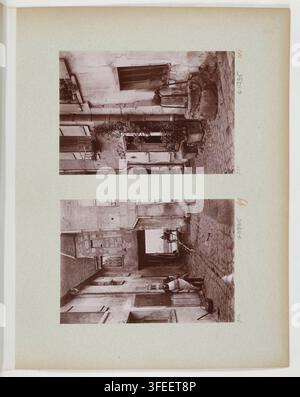 Zwei Schwarzweißfotografien von engen steinernen Durchgängen oder Höfen in Fère-en-Tardenois, Aisne, Frankreich, von Étienne Moreau-Nélaton, einem französischen Fotografen, zwischen 1908 und 1909, die architektonische Details wie Türen, Fenster und eine Steinstufe zeigen. Stockfoto