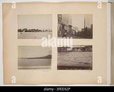 Eine Seite mit vier sepiafarbenen Fotografien, nummeriert G133029 bis G133032, die verschiedene Szenen von Seereisen zeigen, darunter Uferpromenaden, Straßen und Küstenstädte, aufgenommen an Orten wie Samos, Santorin, Athen, Rhodos, Beirut und Tripolis im späten 19. bis frühen 20. Jahrhundert. Stockfoto