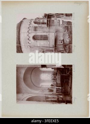 Eine Fotografie von zwei sepiafarbenen Bildern eines Steingebäudes in Aisne, Frankreich, eines zeigt die Fassade mit gewölbten Fenstern und Gerüsten, das andere das Innere mit gewölbten Decken, Holzbänken und einem beleuchteten Altarraum, montiert auf einem hellen Brett, aufgenommen zwischen 1907 und 1912. Stockfoto