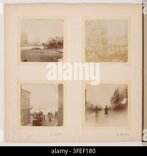 Eine Seite aus einem Fotoalbum mit vier Outdoorszenen aus Bukarest, Rumänien, Istanbul, Türkei, und Wien, Österreich, die während der Reise von Raymond Poincaré im Jahr 1908 aufgenommen wurden, dem französischen Staatsmann, der später von 1913 bis 1920 als Präsident Frankreichs amtierte. Stockfoto