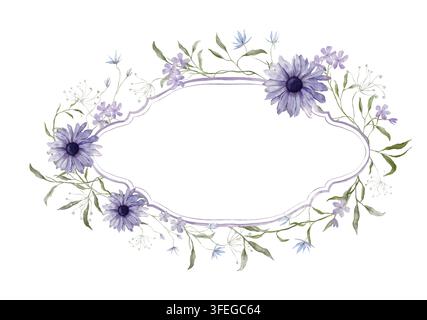 Handgemalte Aquarellhorizontalfassung mit violetten Gänseblümchen, blassen Glockenblumen und Salbeigewächsen auf weißem Hintergrund. Breiter botanischer Rand Stockfoto
