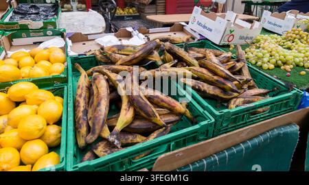 Verschiedene frische Früchte, darunter Zitronen, Kochbananen und Trauben, die zum Verkauf angeboten werden Stockfoto