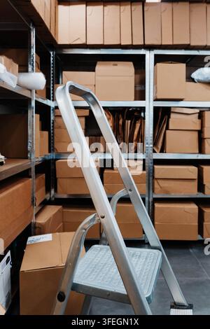 Kartons und gepolsterte Versandhüllen füllen Metallregale in einem kleinen Lagerraum mit einer Aluminium-Trittleiter. Online-Shop-Lagerung und Bestellabwicklung Stockfoto