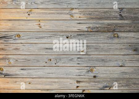 Verwitterte horizontale Holzplanken mit natürlicher Maserung, Astlöchern und gealterter grauer Oberflächenstruktur Stockfoto