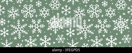 Nahtloses Muster mit Schneeflocken. Winterliche Schneekristalle, festliche Ornamente und handgezeichnete Flocken auf grünem Hintergrund. Niedlicher Weihnachts-Doodle-Vektor Stock Vektor