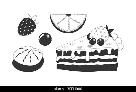 Frucht- und Beeren-Dessert Schwarz-Weiß Cartoon Cliparts Set Stock Vektor