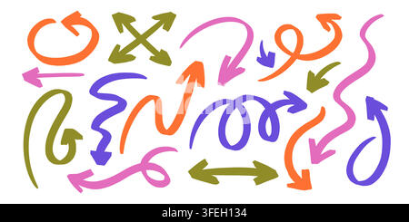 Buntes Pfeil-Vektor-Set im Marker-Cartoon-Stil. Handgezeichnete Icon-Sammlung mit Pinseltextur und skizzierter Linienform. Ideal für Web-Grafikdesign. Perfekt für handgeschriebene Poster oder Hintergrund. Stock Vektor