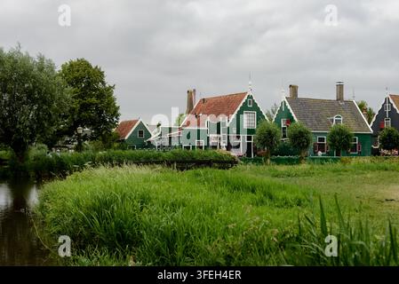 Traditionelle grüne holländische Häuser neben einem Kanal Stockfoto