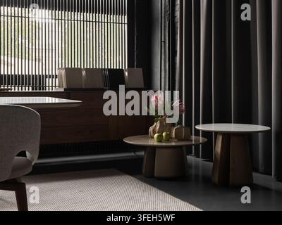 Elegantes modernes Wohnzimmer mit stilvollen Möbeln und Protea-Blumen Stockfoto