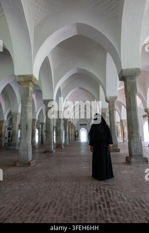 Frau, die zwischen den Säulen in der Sixty Dome Mosque steht, Khulna Division, Bagerhat, Bangladesch Stockfoto