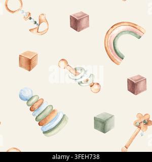 Babymuster ohne Naht. Aquarell-Holzspielzeug und Rasseln auf einem beigen Pastellhintergrund. Geeignet für Stoff, Textilien, Tapeten, Verpackungspapier und Stockfoto