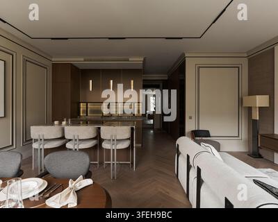 Schickes modernes Apartment mit offenem Küchen- und Wohnbereich Stockfoto