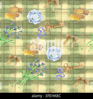 Aquarell-Lavendel-Muster grünes Karomuster nahtloser Hintergrund Vintage-Elemente. Gelbe Gartenhandschuhe alte Schlüssel Keramikteller rustikales Design. Retro Stockfoto