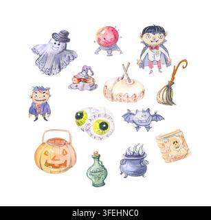 Halloween-Wasserfarben-Element-Set niedliches gruseliges Clipart weißer Hintergrund. Geist Vampir Kürbis Fledermaus Zombie Kessel Zaubertrank Buch Besen Augapfel. Handgezeichnet Stockfoto