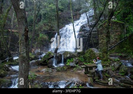 Eine Frau steht an einer hölzernen Picknickbank in einem üppigen Wald und macht mit ihrem Smartphone ein Foto von einem dramatischen, mehrstufigen Kaskadenwasserfall. T Stockfoto