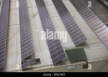 Luftaufnahme von Solarmodulen, die auf einem flachen Industrie-Dach installiert sind, Reihen von Photovoltaik-Panelen für die Erzeugung erneuerbarer Energie in einer städtischen Umgebung Stockfoto