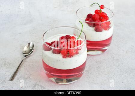 Erfrischende geschichtete Beeren- und Joghurt-Parfaits mit Granola in einem Trinkglas Stockfoto