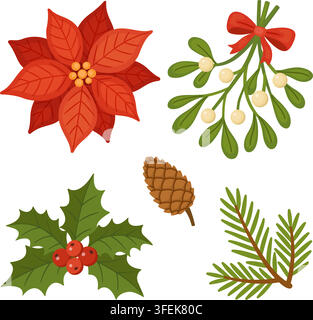 Handgezeichnete weihnachtliche Blumenelemente als Vektorset. Wunderbarer flacher Stil mit roter Weihnachtsstern, Mistelzweig, Ilex und Tannenzapfen, isoliert auf transparentem Hintergrund. Ideal für Feiertagskartenhersteller, Aufkleber und DIY. Stock Vektor
