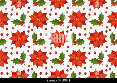 Bezaubernde handgezeichnete weihnachtliche nahtlose Muster-Vektorillustration. Lebendige Cartoon-Poinsettia-Blumen mit Stechpalmenbeeren-Hintergrund. Ideal für Winterurlaub-Verpackpapier-Textilien und Tapeten. Stock Vektor