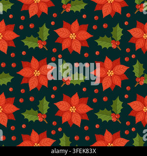 Elegante handgezeichnete weihnachtliche Nahtlose-Muster-Vektorillustration. Wunderschöne Poinsettia-Blumen auf dunkelgrünem Hintergrund. Ideal für luxuriöse Feiertagsverpackungen, Textilien und Weihnachtsstoffe. Stock Vektor