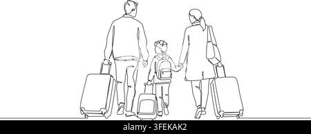 kontinuierliche Linienzeichnung von Eltern und Kind mit Gepäck, Reise-, Urlaubs- und Familienreisekonzept, Linienkunst-Vektorillustration Stock Vektor