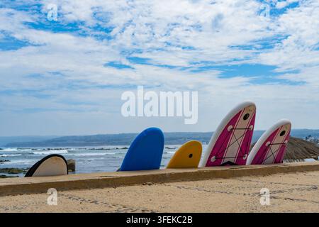 Niedriges Bild von bunten Surfboards und SUP-Paddelboards, die an einer Steinpromenadenmauer ruhen, die auf den Ozean blickt, an einem hellen sonnigen Tag mit Cop Stockfoto