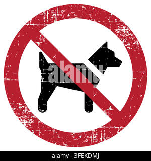 Keine Hunde, ISO 7010 P021 Verbotszeichen, Abgenutzte Grunge-Textur, Verwittertes Abgenutztes Sicherheitssymbol, Rotes Evakuierungs-Feuerwarnsymbol Stock Vektor