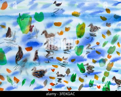 Enten im Teichwasser, kindlicher Aquarellhintergrund Stockfoto