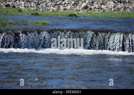 Orchon-Tal, Mongolei – 5. August 2026: Ein kleiner Wasserfall fließt zwischen grasbewachsenen Ufern in den Hochlanden hinab. Stockfoto