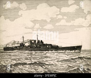 Der schwere Kreuzer USS Wichita auf stürmischer See unter einem bewölkten Himmel. Es war ein Einzelstück, das 1939 in Dienst gestellt wurde und dessen revolutionäres Design als direkter Vorläufer für die späteren Kreuzer der Baltimore-Klasse des Zweiten Weltkriegs diente. Amerikanische Geschichte, authentisch, digital restaurierte Reproduktion nach einem Original aus dem 19. Jahrhundert, genaues Darstellungsdatum unbekannt. Historisch Stockfoto