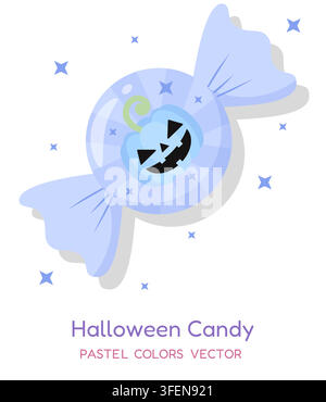 Pastellfarbenes hellblaues eingewickeltes Bonbon mit einem niedlichen Jack-o'-Lantern-Kürbisf Gesichts und funkelnden Sternen. Verspielter Halloween-Vektor für saisonales kreatives Design Stock Vektor