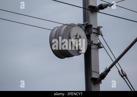 Nahaufnahme von elektrischen Geräten und Isolatoren, die auf einem Strommast montiert sind, mit Überkopfstromleitungen vor einem bewölkten Himmel. Stromverteilung und Stockfoto