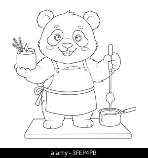 Kerzenherstellung niedlicher Handwerker-Bären-Charakter, der Wachs kocht und eine Duftkerze hält, Panda-Vektor Stock Vektor