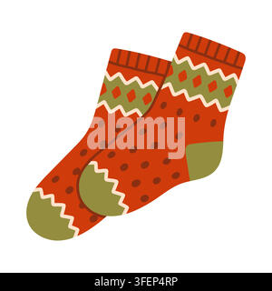 Gemütliche rot und grün gemusterte Wollsocken-Vektor isoliert auf weißem Hintergrund. Perfekt für Herbstwärme-Grafiken, Wintermodedrucke, Hygge Stock Vektor