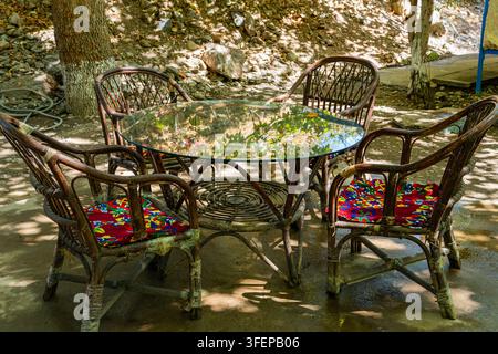 Gemütlicher Sitzbereich im Freien mit einem Glastisch aus Korbgeflecht und Stühlen mit bunten Kissen in einem schattigen Landgarten an einem sonnigen Tag. Rustikale Cafeteria-Terrasse Stockfoto
