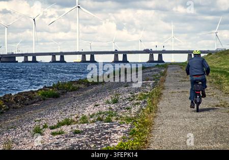 Radfahrer fährt entlang eines Küstenpfades mit Offshore-Windpark und Brücke, der nachhaltige Verkehr und grüne Energie veranschaulicht Stockfoto
