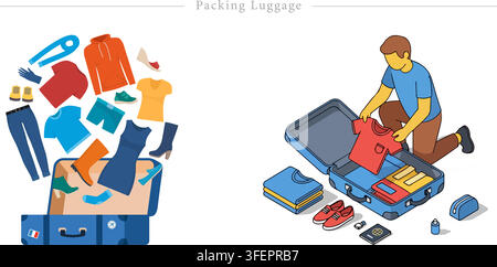 Vektor-Illustrationsset zum Thema Gepäckpacken mit einem Mann, der einen Koffer, eine Reisetasche, gefaltete Kleidung, Schuhe, einen Pass und Urlaubsartikel packt. Stock Vektor