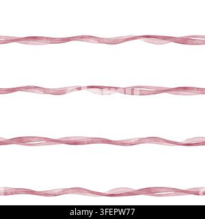 Handgezeichnete Aquarellabbildung mit wellenförmigem horizontalem Band nahtlosem Muster in einer weichen roten oder rosa Farbe. Wiederholen Sie die Verzierung auf isoliert Stockfoto