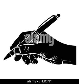 Schwarze Silhouette einer Hand, die mit einem Stift auf weißem Hintergrund schreibt, isoliert für Aufgaben im Zusammenhang mit der Unterzeichnung von Dokumenten, Büroarbeit und Bildung. Stock Vektor