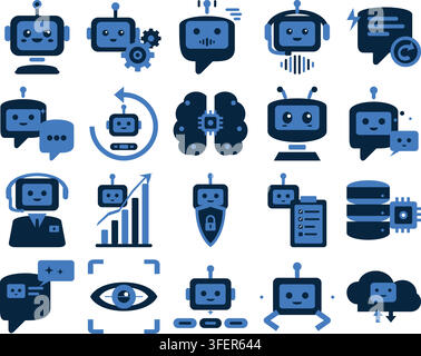 Satz von blauen Flat-Design-Ikonen, die künstliche Intelligenz und Roboter darstellen Stock Vektor