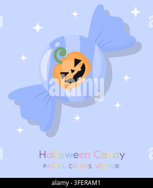 Süßes pastellblaues eingewickeltes Bonbon mit einem orangefarbenen Jack-O-Lantern-Kürbis, weißen funkelnden Sternen und farbenfrohem Halloween-Candy-Text Stock Vektor