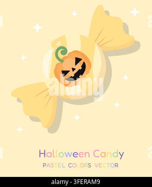 Süßes pastellgelbes eingewickeltes Bonbon mit einem orangefarbenen Jack-O'-Laternen-Kürbis, weißen funkelnden Sternen und bunten Halloween-Candy-Schriftzug Stock Vektor