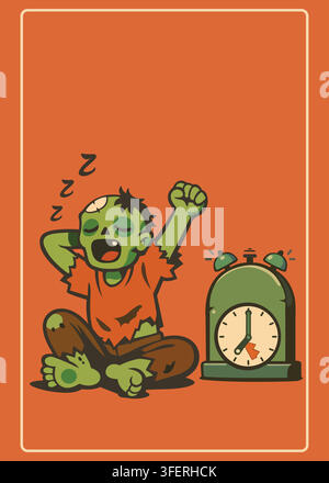 Ein süßer Cartoon-Zombie, der auf dem Boden sitzt, gähnt und sich streckt, während er neben einer grabsteinförmigen Weckuhr auf einem orangefarbenen Hintergrund aufwacht. Stock Vektor