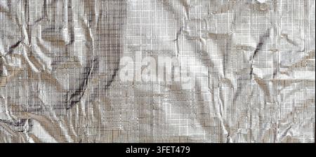 Gefurchte Metallfolienstruktur, die einen abstrakten silbernen Hintergrund mit reflektierender Oberfläche bildet Stockfoto