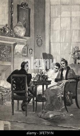 Dezember im Wohnzimmer eines eleganten Haushalts, elegantes Interieur, stattliches Haus, festliche Atmosphäre, feine Möbel, antike Möbel, künstlerisch Stockfoto