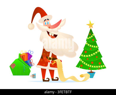 Weihnachtsliste mit Weihnachtswünschen von Santa nahe einem Baum und einer Geschenktüte. Illustration im Cartoon-Stil Stock Vektor