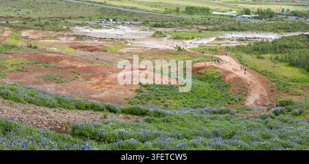 Luftbild des Geysir-Geothermal-Hot-Spring-Gebiets, Sudhurland, Island Stockfoto