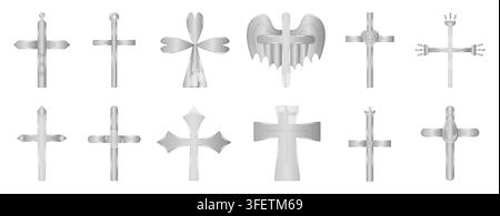 Dekorative glänzende christliche Silberkreuze, chrom-metallische Ikonen-Set. Gradientglänzende solide Zeichen, platinfarbene religiöse Symbole, einfache verschiedene Cliparts Stock Vektor